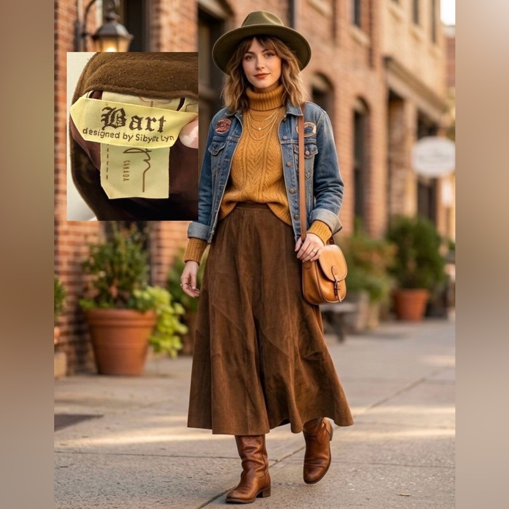 Vintage Genuine Suede Sibylle Lyn Toronto Maxi Skirt Brown Boho 70s XS